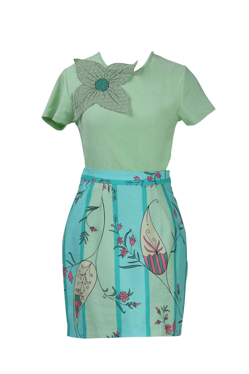 Mint Knit Floral Applique Tee Shirt cotton by Kritika Murarka in mint color for women Worldwide