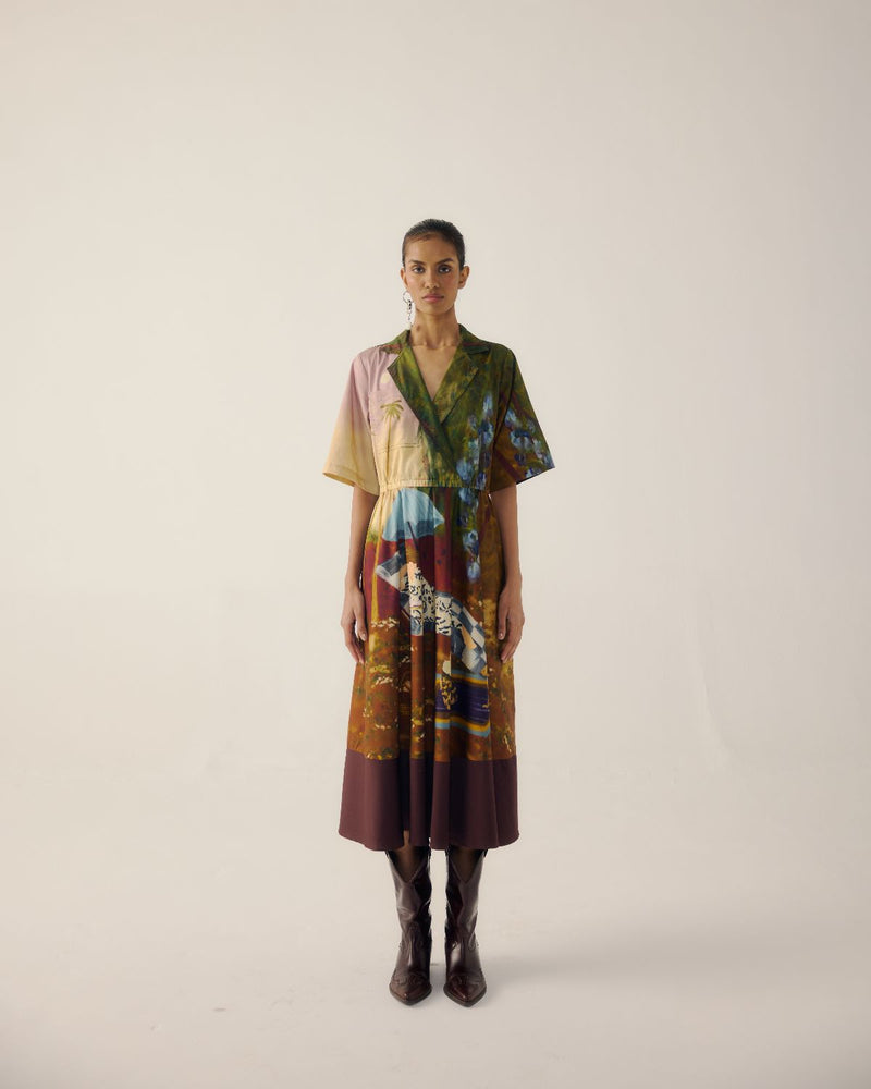 PRINT BLOCKED DRESS-Lakeside satin by CORD for women Worldwide