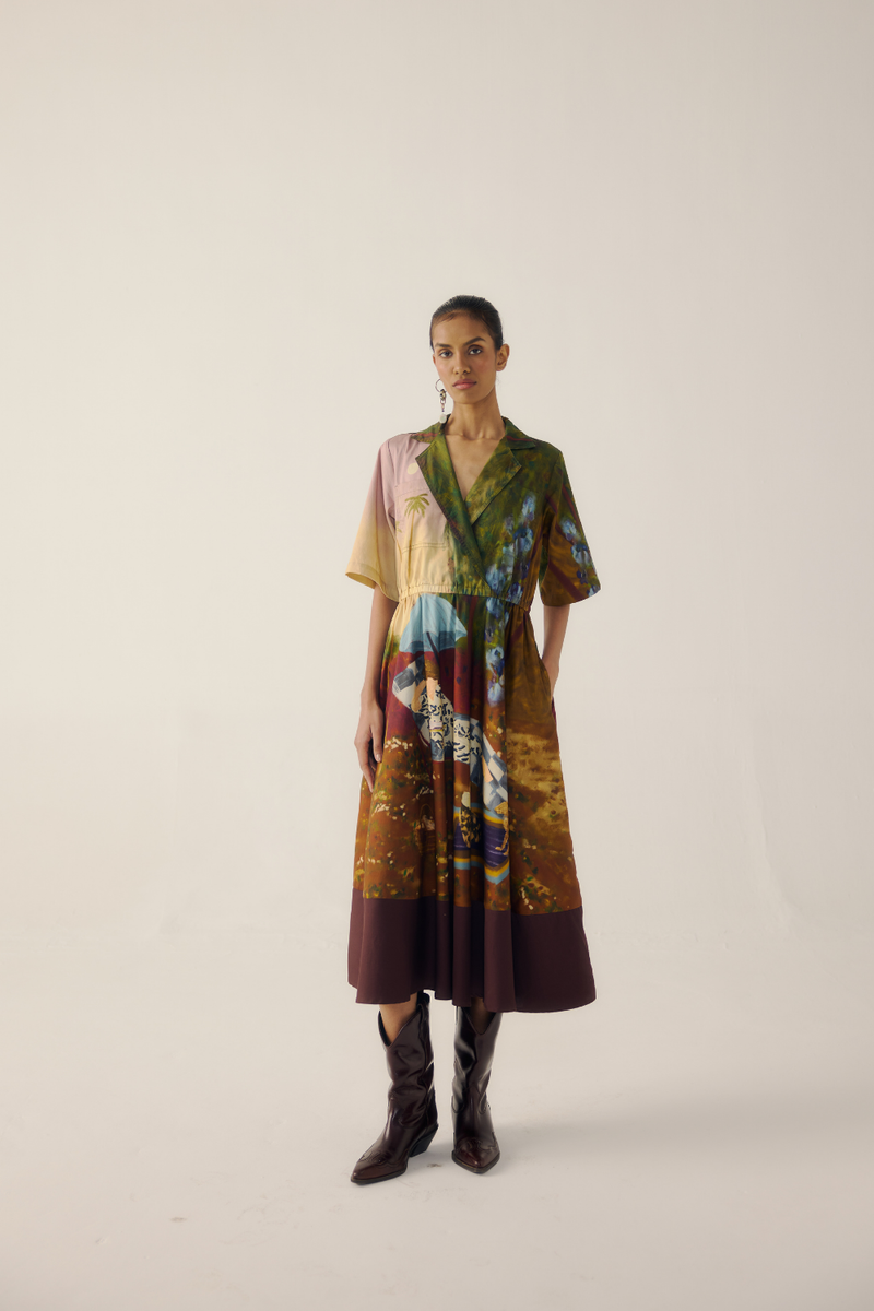 PRINT BLOCKED DRESS-Lakeside satin by CORD for women Worldwide