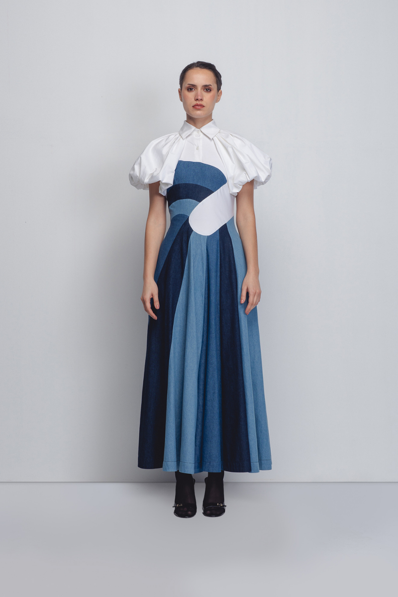 Prism Panelled Dress - Denim Blue + White cotton by Leh Studios in white color for women Worldwide