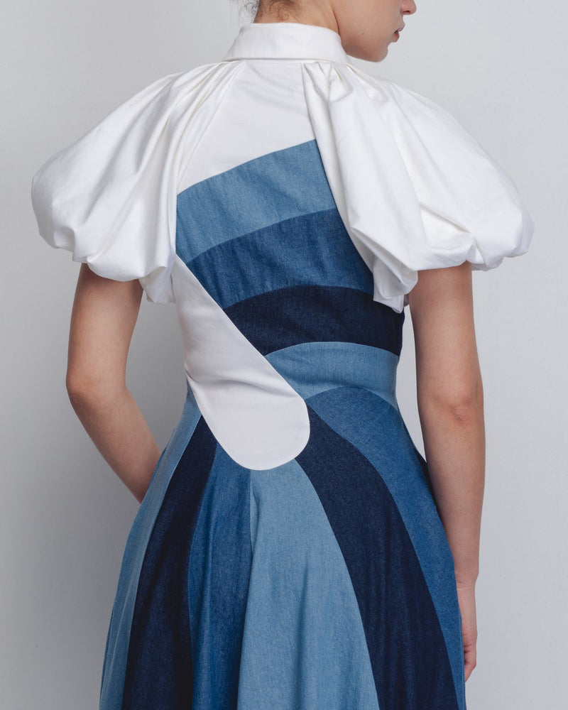 Prism Panelled Dress - Denim Blue + White cotton by Leh Studios in white color for women Worldwide