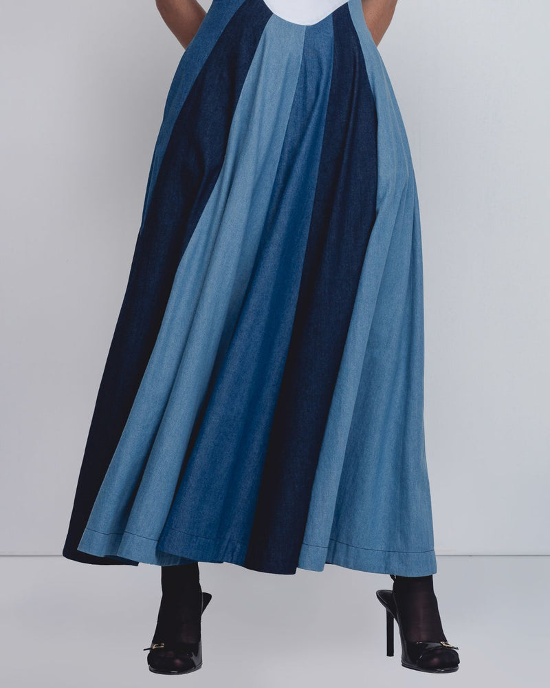 Prism Panelled Dress - Denim Blue + White cotton by Leh Studios in white color for women Worldwide