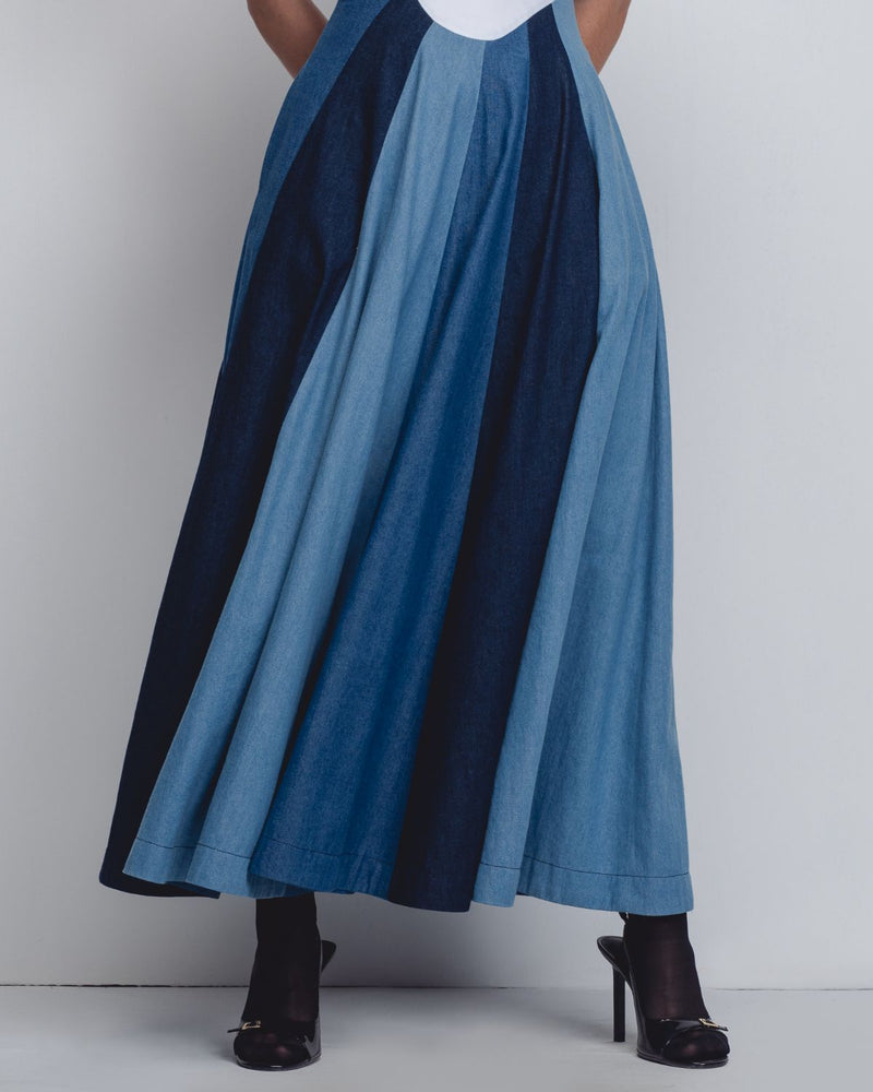 Prism Panelled Dress - Denim Blue + White cotton by Leh Studios in white color for women Worldwide