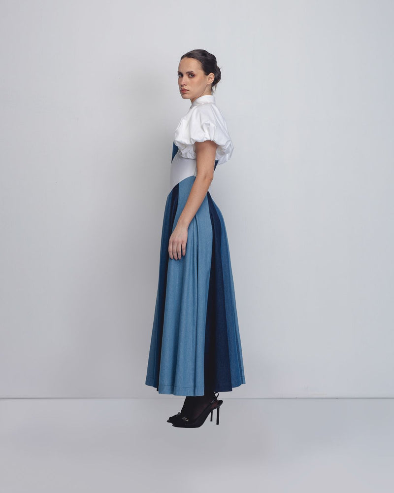 Prism Panelled Dress - Denim Blue + White cotton by Leh Studios in white color for women Worldwide