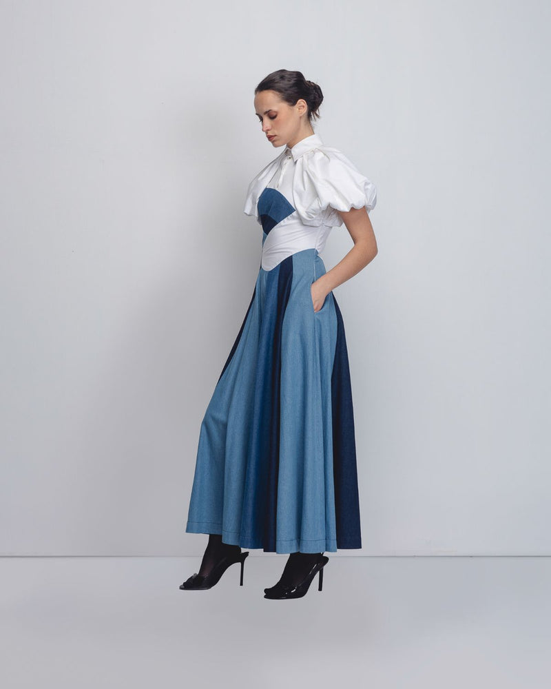 Prism Panelled Dress - Denim Blue + White cotton by Leh Studios in white color for women Worldwide