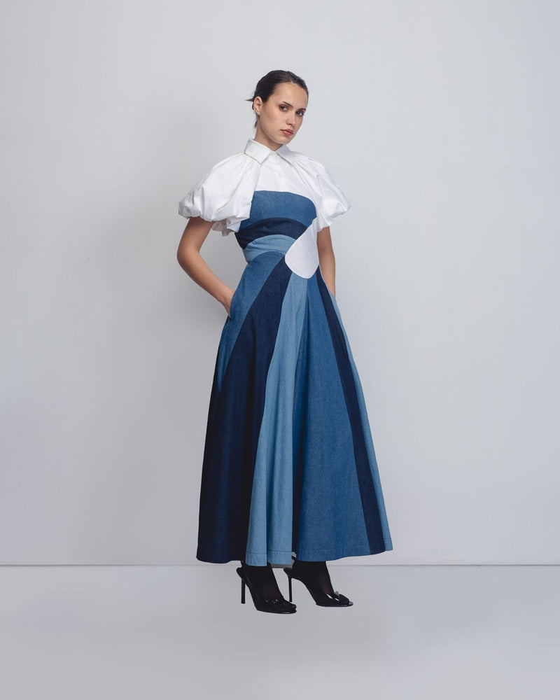 Prism Panelled Dress - Denim Blue + White cotton by Leh Studios in white color for women Worldwide