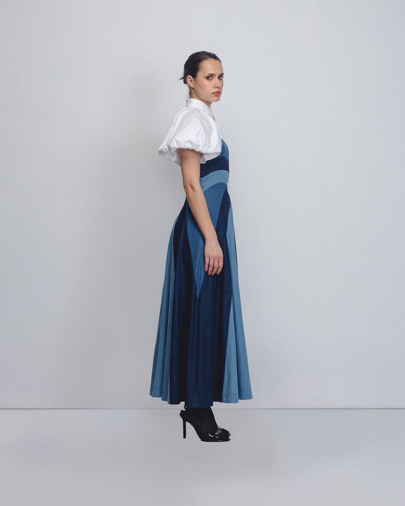 Prism Panelled Dress - Denim Blue + White cotton by Leh Studios in white color for women Worldwide