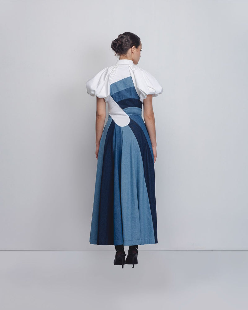Prism Panelled Dress - Denim Blue + White cotton by Leh Studios in white color for women Worldwide