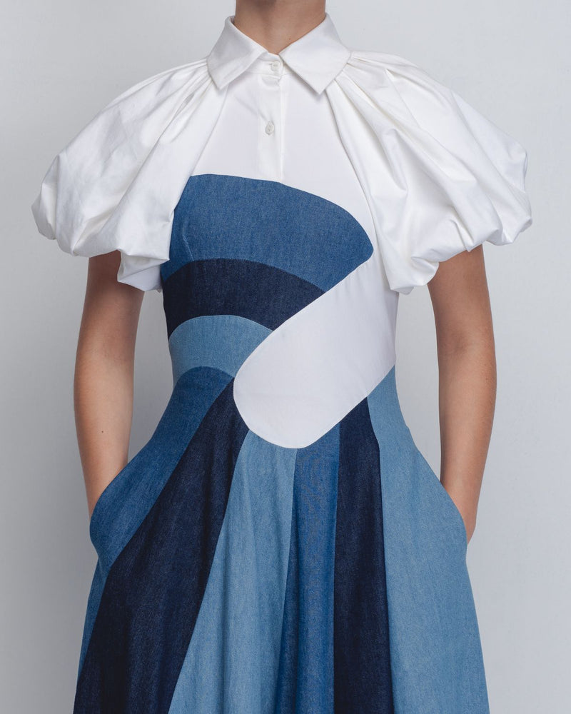 Prism Panelled Dress - Denim Blue + White cotton by Leh Studios in white color for women Worldwide