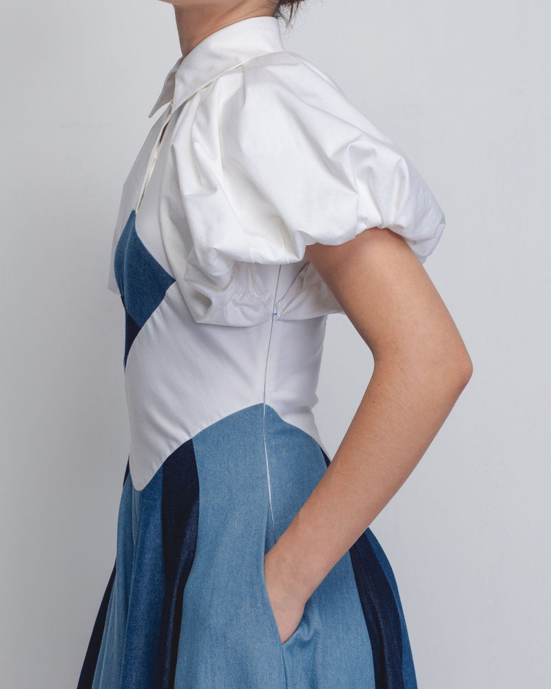Prism Panelled Dress - Denim Blue + White cotton by Leh Studios in white color for women Worldwide