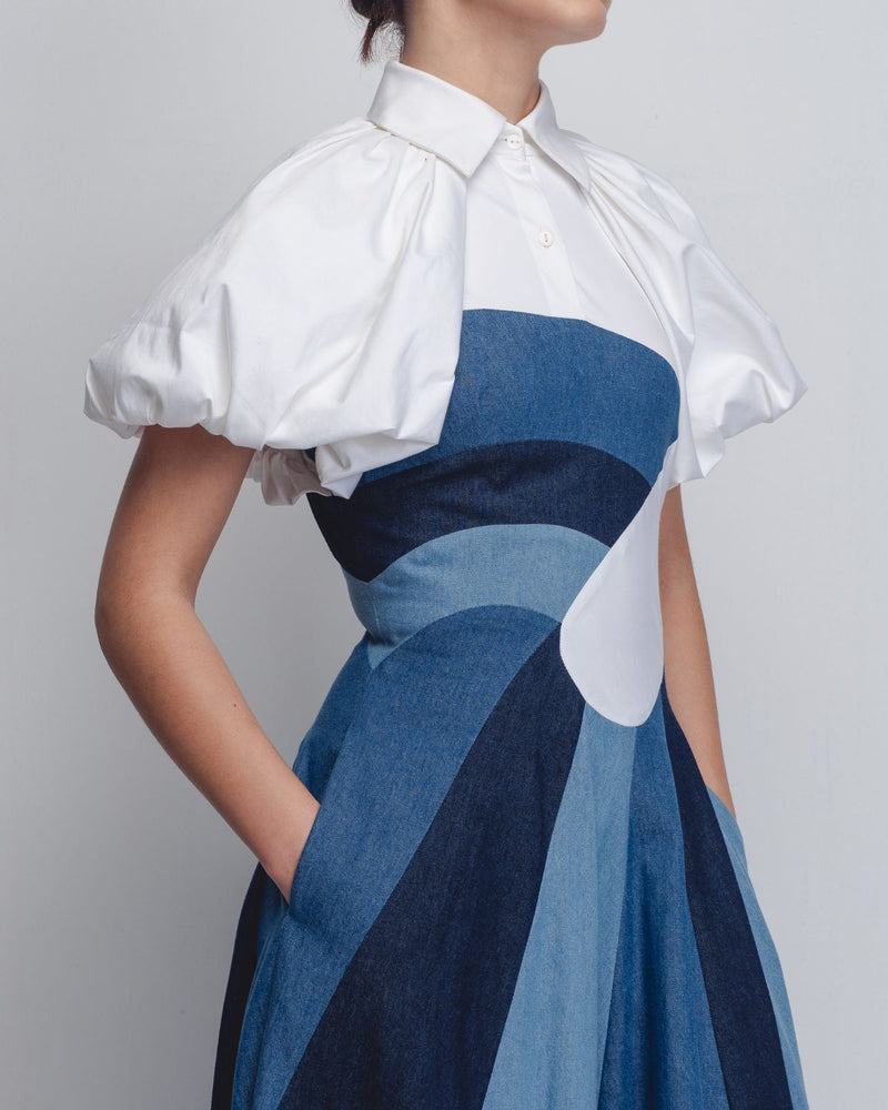 Prism Panelled Dress - Denim Blue + White cotton by Leh Studios in white color for women Worldwide