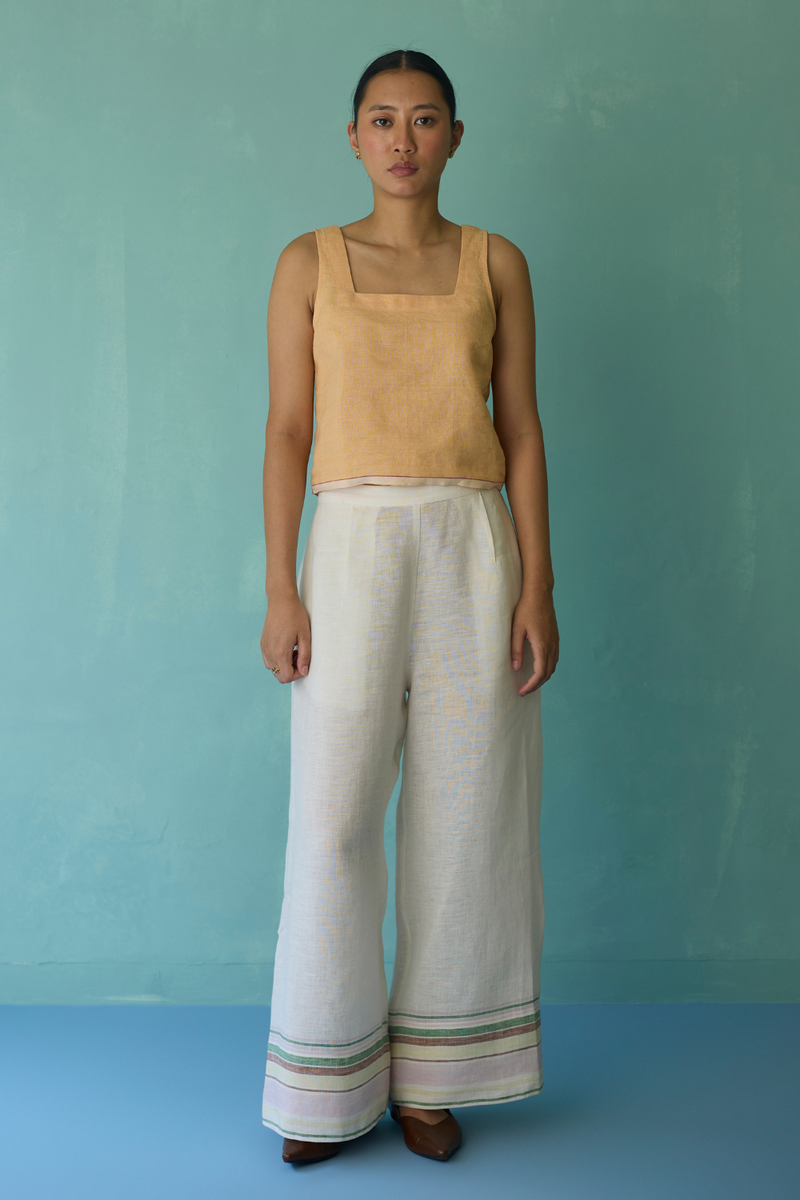 Alina Border Linen Pants - Ivory linen pant/trouser by Manan in ivory for women Worldwide