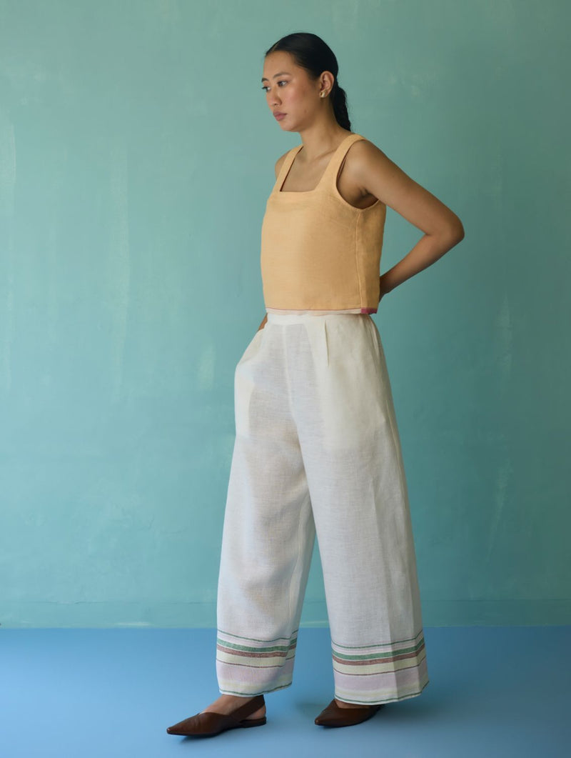 Alina Border Linen Pants - Ivory linen pant/trouser by Manan in ivory for women Worldwide