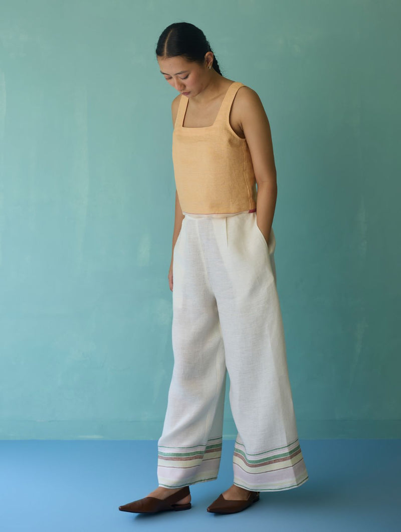Alina Border Linen Pants - Ivory linen pant/trouser by Manan in ivory for women Worldwide