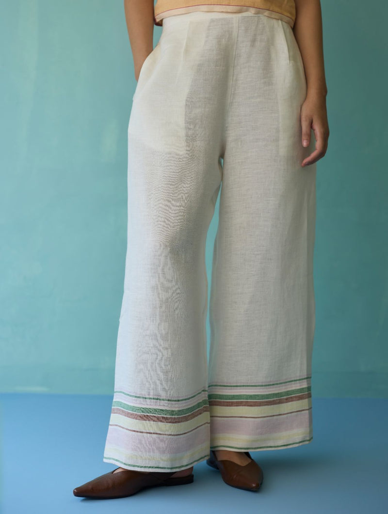 Alina Border Linen Pants - Ivory linen pant/trouser by Manan in ivory for women Worldwide