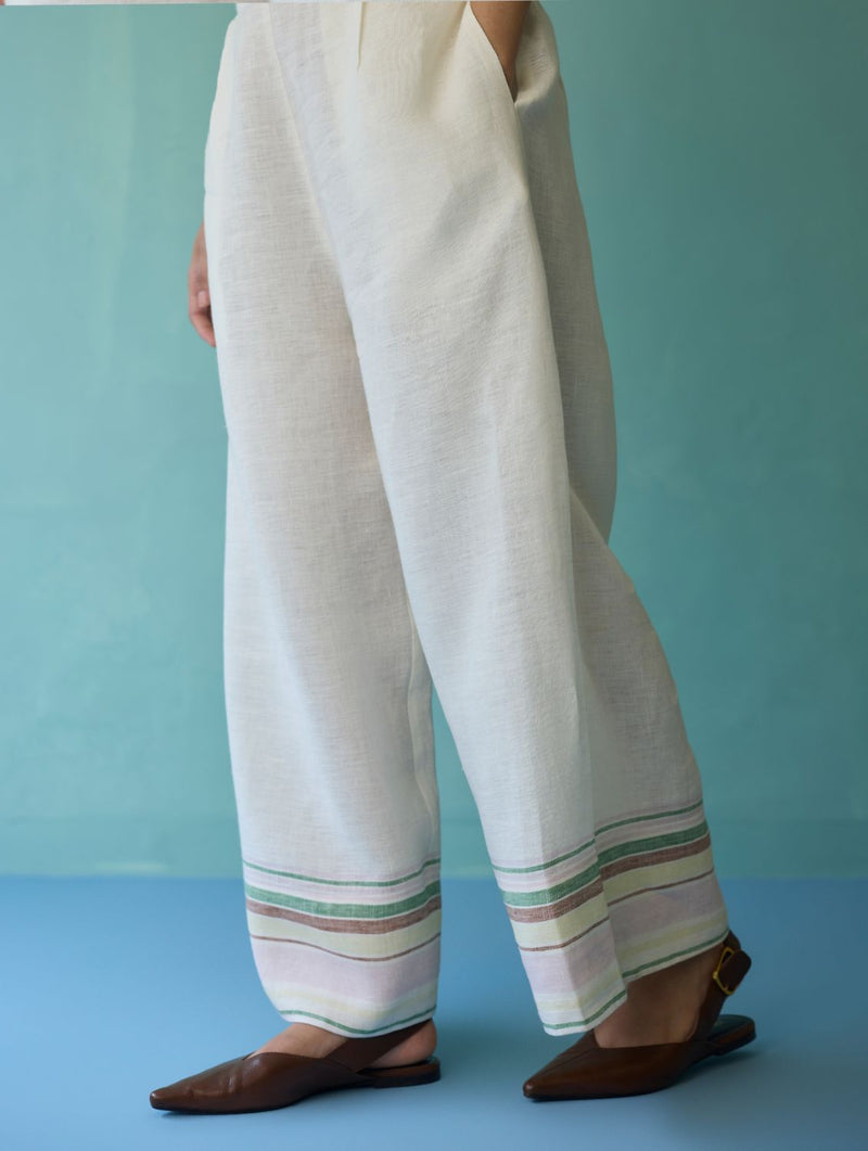 Alina Border Linen Pants - Ivory linen pant/trouser by Manan in ivory for women Worldwide