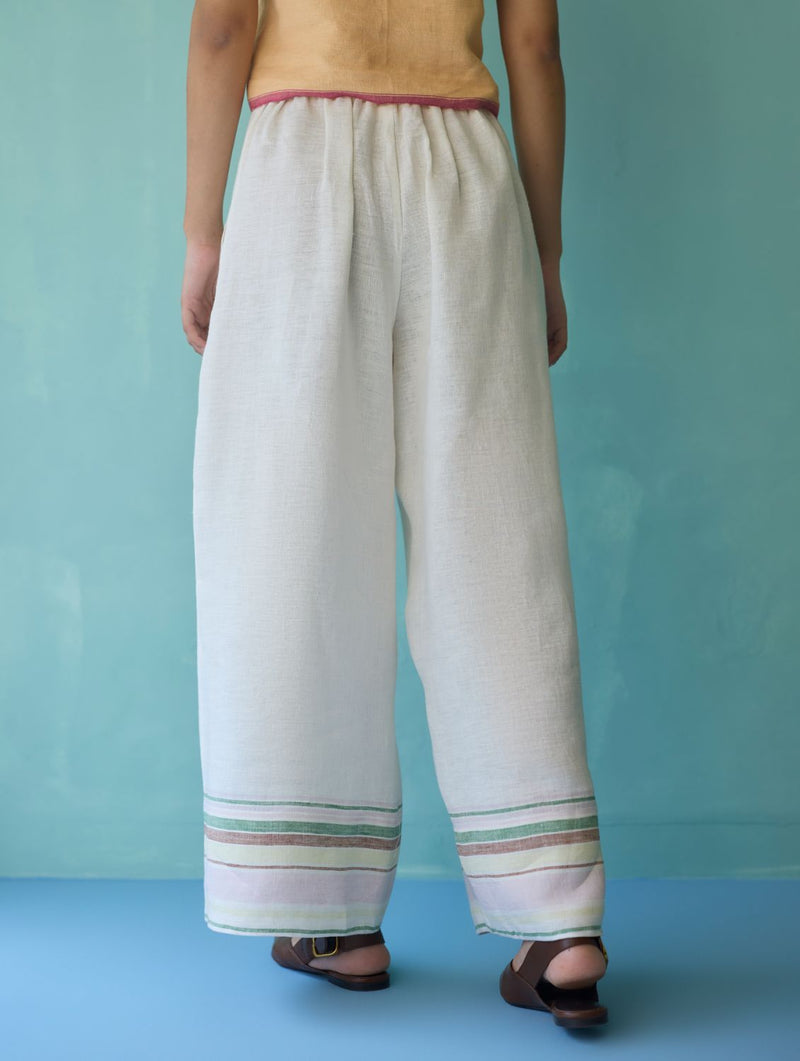 Alina Border Linen Pants - Ivory linen pant/trouser by Manan in ivory for women Worldwide