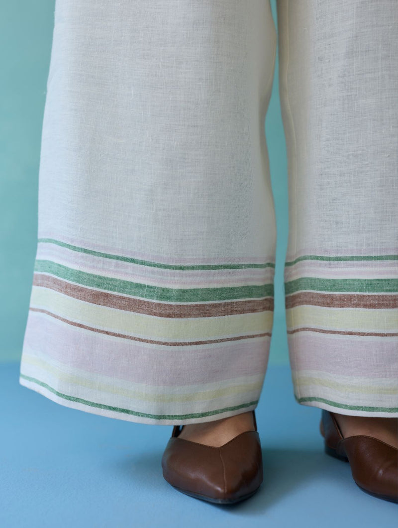 Alina Border Linen Pants - Ivory linen pant/trouser by Manan in ivory for women Worldwide
