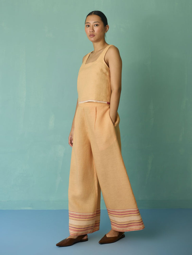 Alina Border Linen Pants - Apricot linen pant/trouser by Manan in apricot for women Worldwide