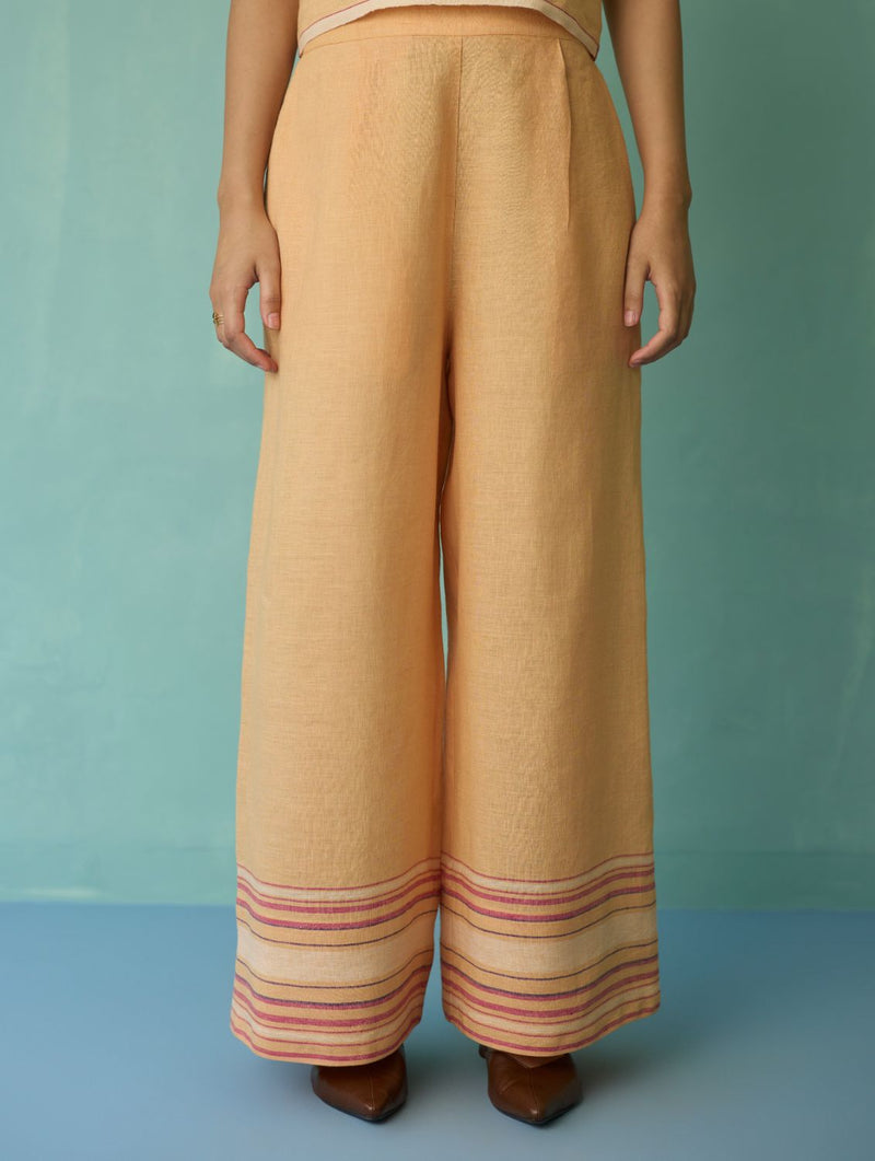 Alina Border Linen Pants - Apricot linen pant/trouser by Manan in apricot for women Worldwide