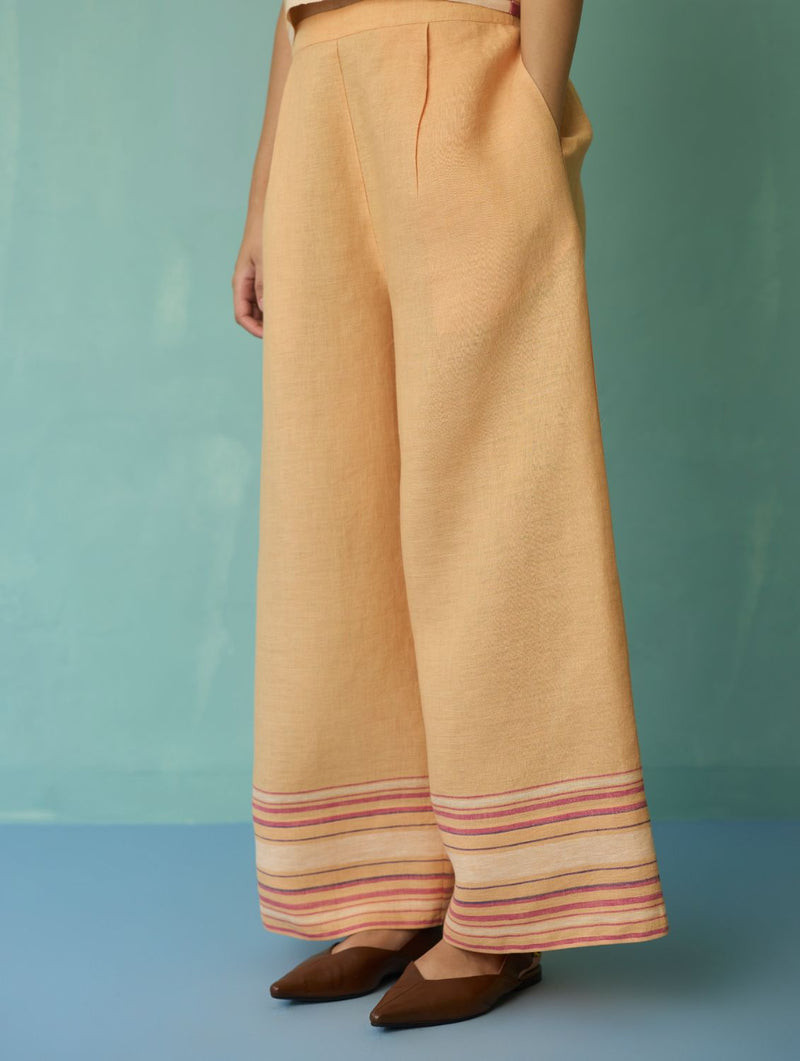 Alina Border Linen Pants - Apricot linen pant/trouser by Manan in apricot for women Worldwide