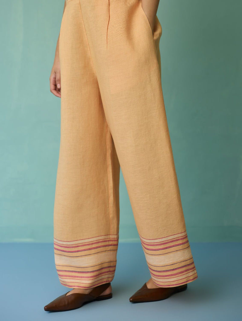 Alina Border Linen Pants - Apricot linen pant/trouser by Manan in apricot for women Worldwide