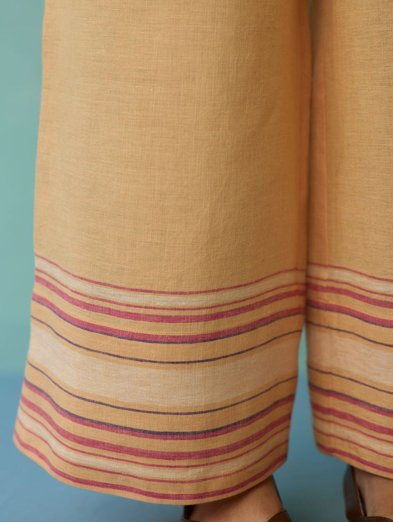 Alina Border Linen Pants - Apricot linen pant/trouser by Manan in apricot for women Worldwide