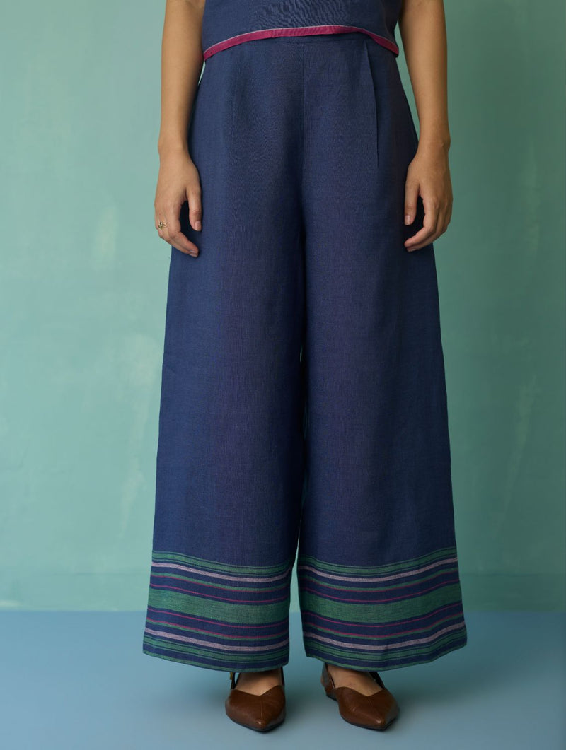 Alina Border Linen Pants - Indigo linen pant/trouser by Manan in navy for women Worldwide