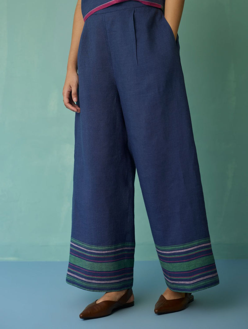Alina Border Linen Pants - Indigo linen pant/trouser by Manan in navy for women Worldwide