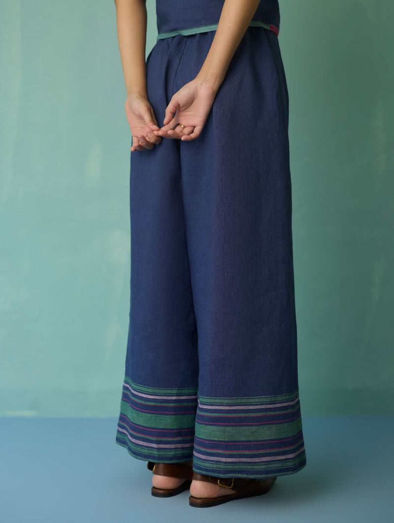 Alina Border Linen Pants - Indigo linen pant/trouser by Manan in navy for women Worldwide