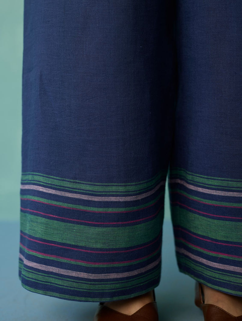 Alina Border Linen Pants - Indigo linen pant/trouser by Manan in navy for women Worldwide