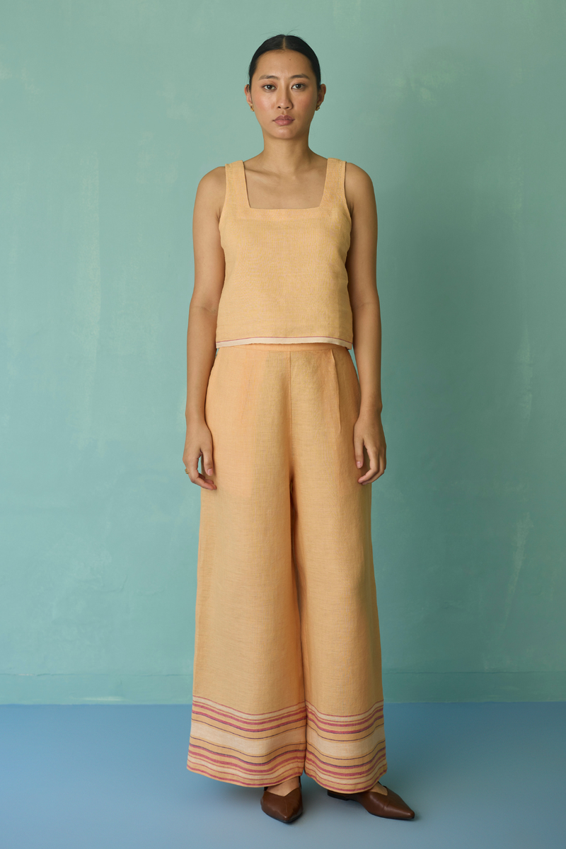 Alina Border Linen Pants - Apricot linen pant/trouser by Manan in apricot for women Worldwide