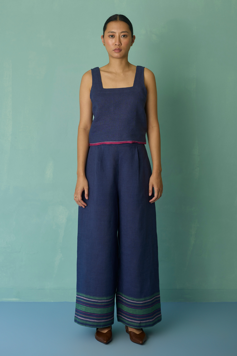Alina Border Linen Pants - Indigo linen pant/trouser by Manan in navy for women Worldwide