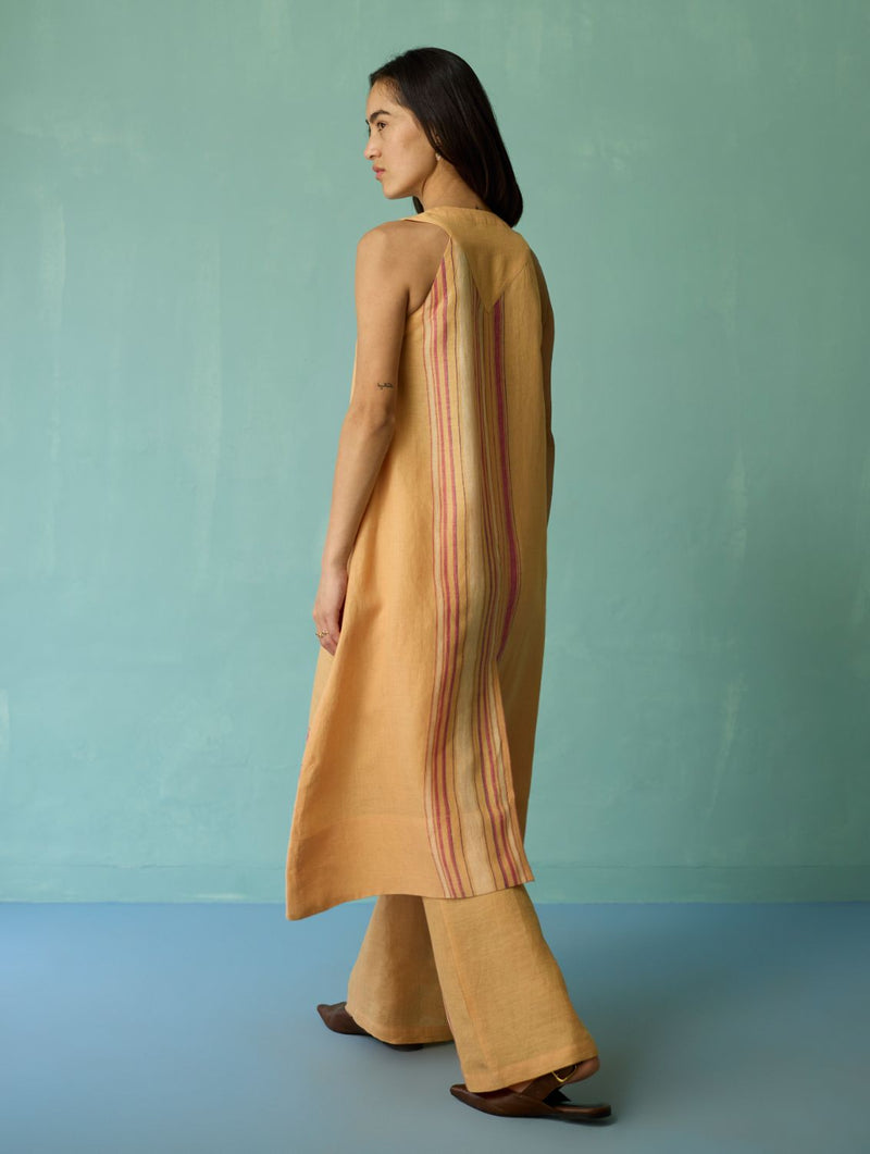 Vanya Border Linen Sleeveless Kurta - Apricot linen light kurta set by Manan in apricot for women Worldwide