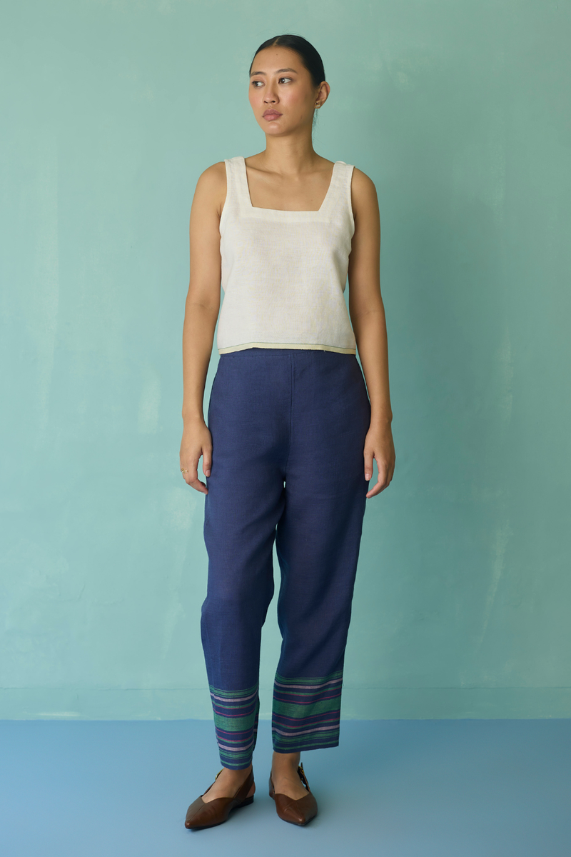 Ines Border Linen Tapered Pants - Indigo linen pant/trouser by Manan in navy for women Worldwide