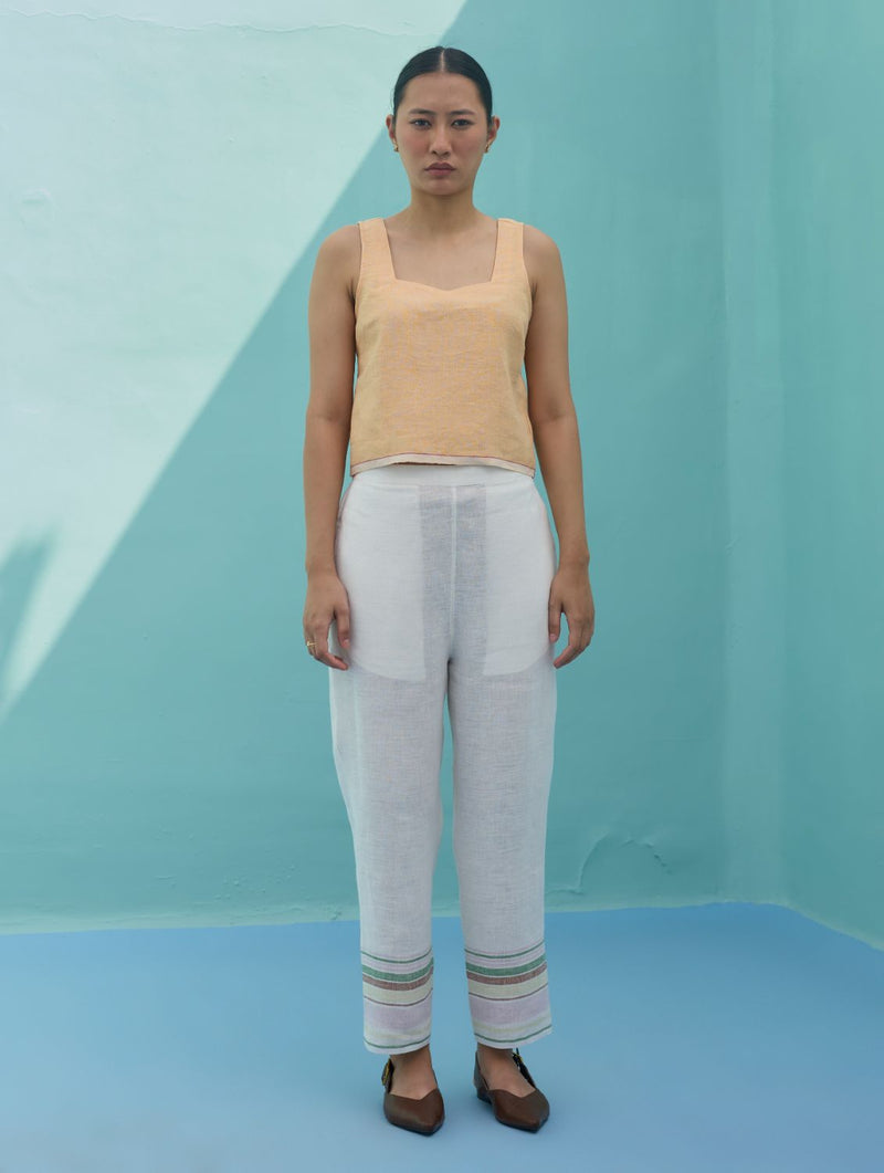 Ines Border Linen Tapered Pants - Ivory linen pant/trouser by Manan in ivory for women Worldwide