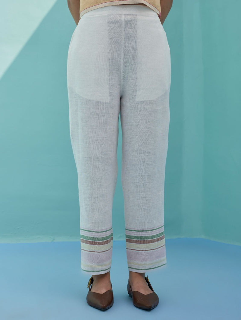 Ines Border Linen Tapered Pants - Ivory linen pant/trouser by Manan in ivory for women Worldwide