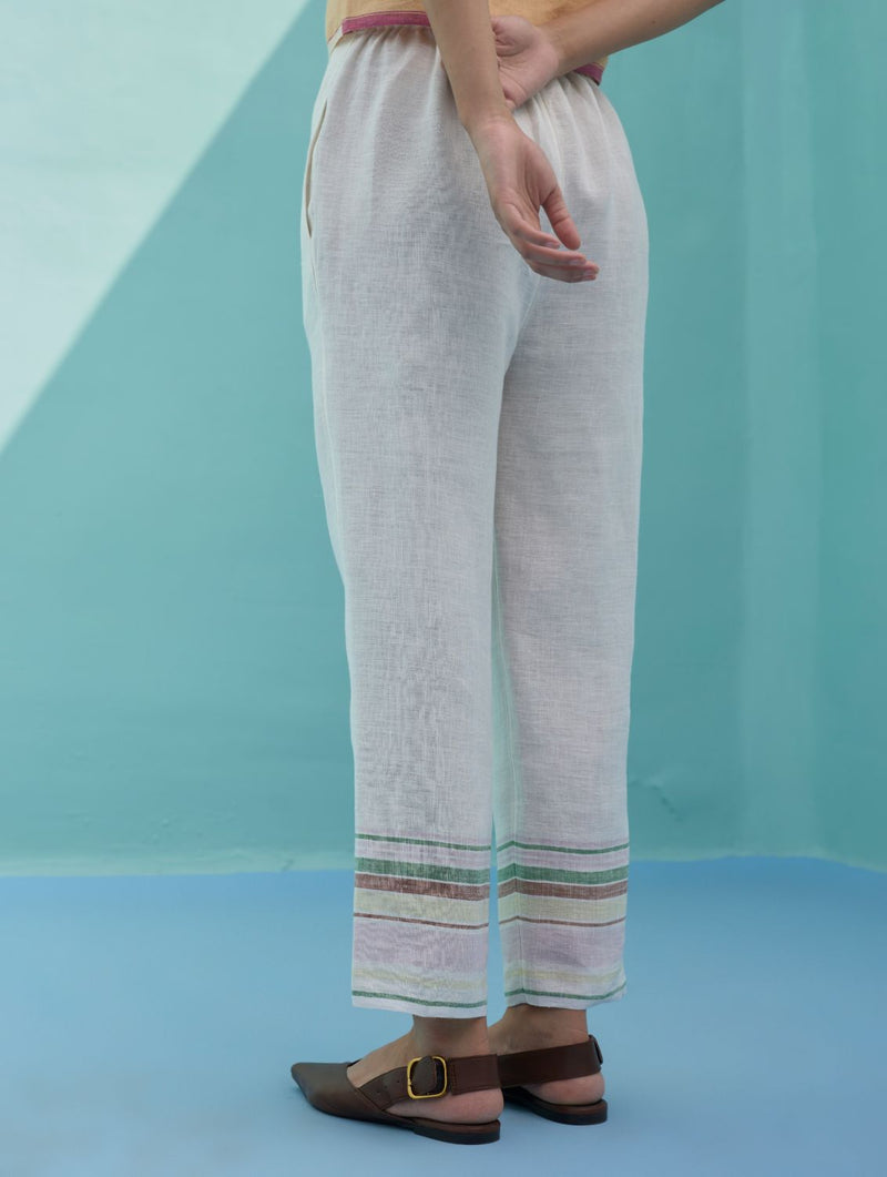 Ines Border Linen Tapered Pants - Ivory linen pant/trouser by Manan in ivory for women Worldwide