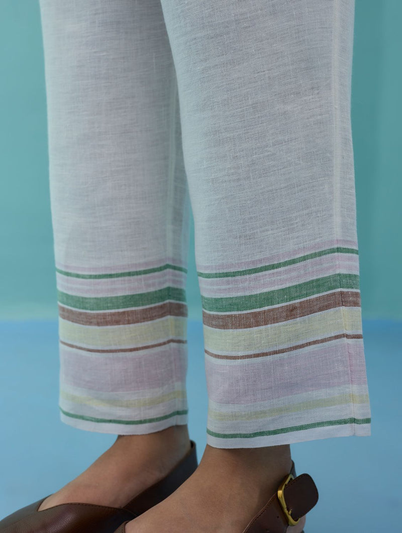 Ines Border Linen Tapered Pants - Ivory linen pant/trouser by Manan in ivory for women Worldwide