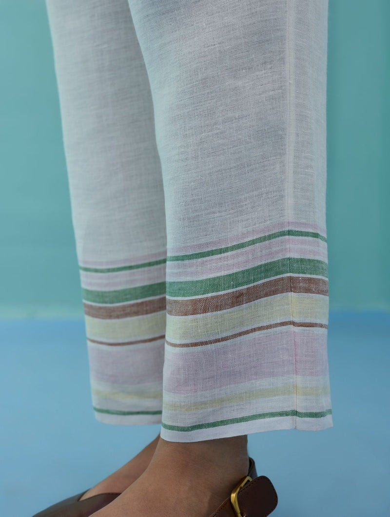 Ines Border Linen Tapered Pants - Ivory linen pant/trouser by Manan in ivory for women Worldwide