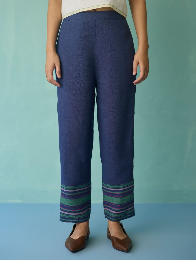 Ines Border Linen Tapered Pants - Indigo linen pant/trouser by Manan in navy for women Worldwide