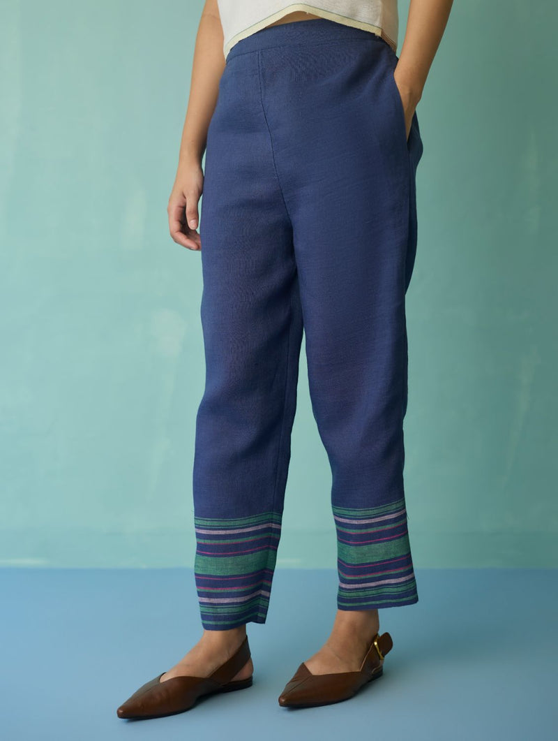 Ines Border Linen Tapered Pants - Indigo linen pant/trouser by Manan in navy for women Worldwide