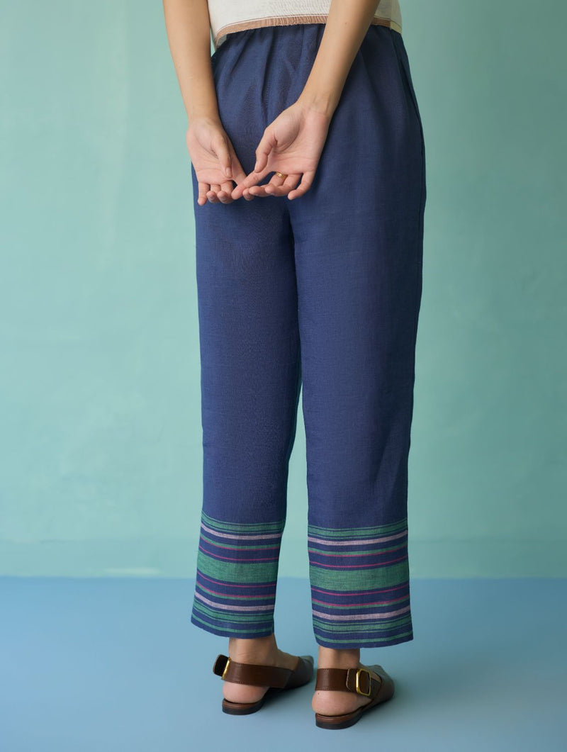 Ines Border Linen Tapered Pants - Indigo linen pant/trouser by Manan in navy for women Worldwide