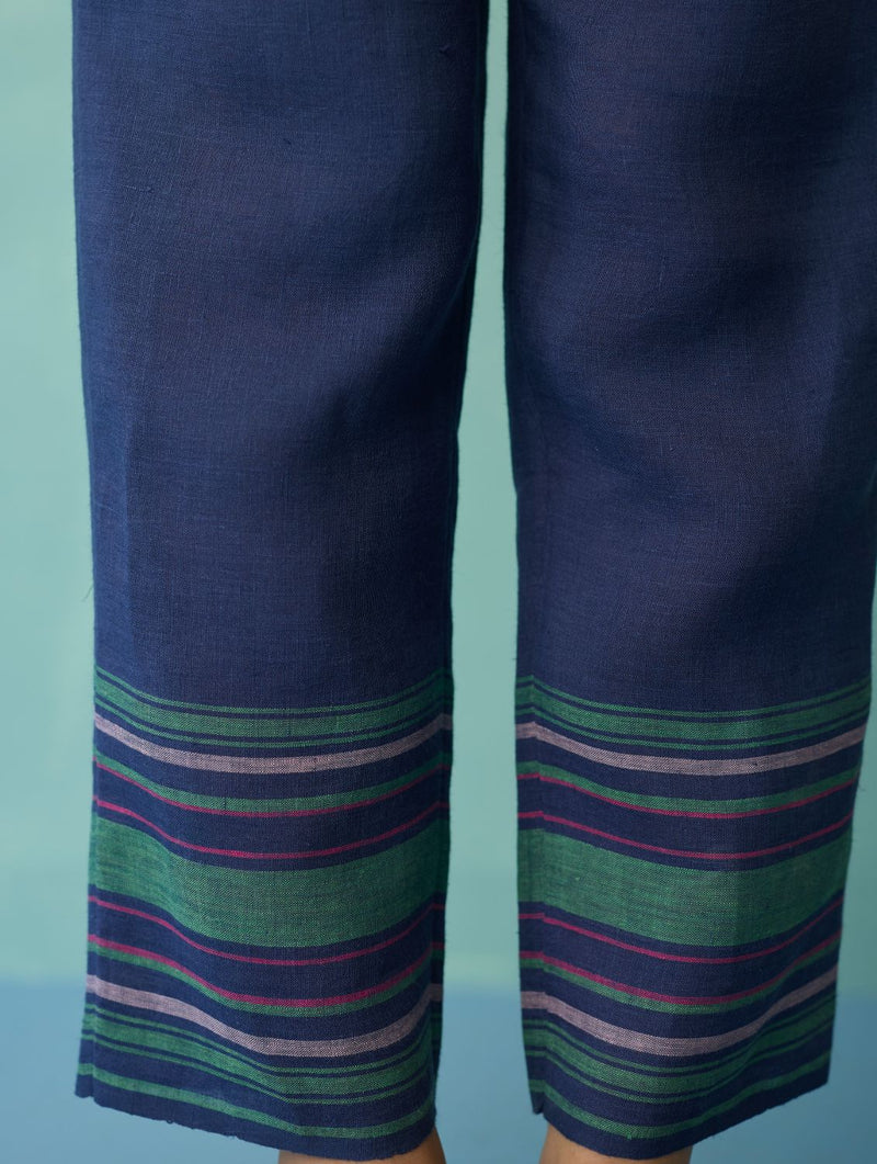Ines Border Linen Tapered Pants - Indigo linen pant/trouser by Manan in navy for women Worldwide