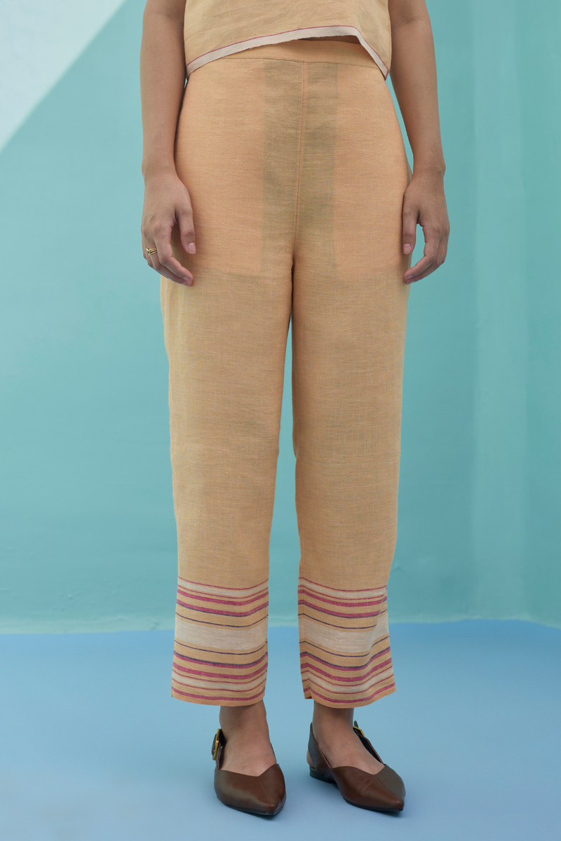 Ines Border Linen Tapered Pants - Apricot linen pant/trouser by Manan in apricot for women Worldwide
