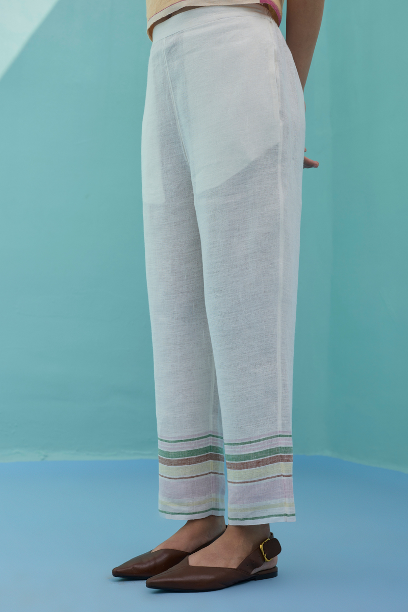 Ines Border Linen Tapered Pants - Ivory linen pant/trouser by Manan in ivory for women Worldwide