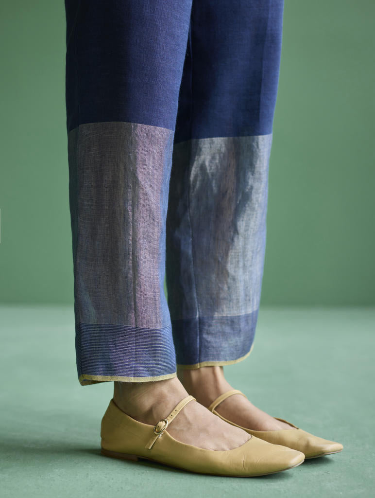 June Metallic Linen Pant - Navy linen by Manan in navy color for women Worldwide