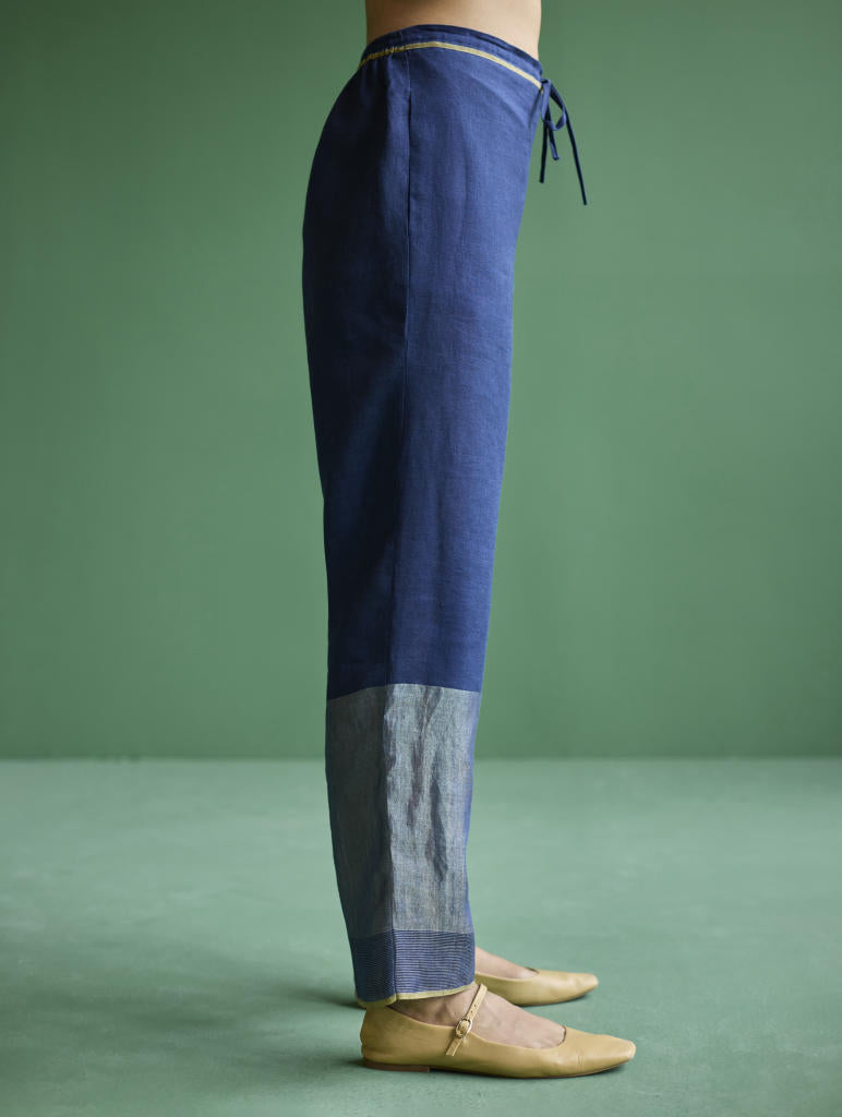 June Metallic Linen Pant - Navy linen by Manan in navy color for women Worldwide