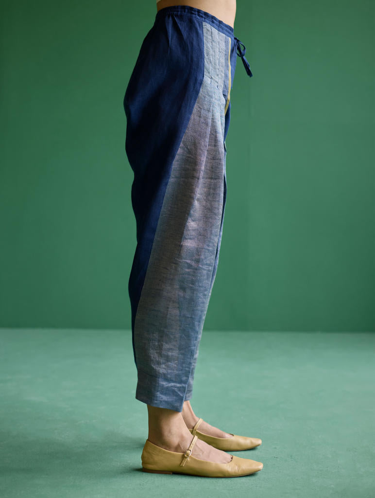 Zang Metallic Linen Salwar Pant - Navy linen by Manan in navy color for women Worldwide