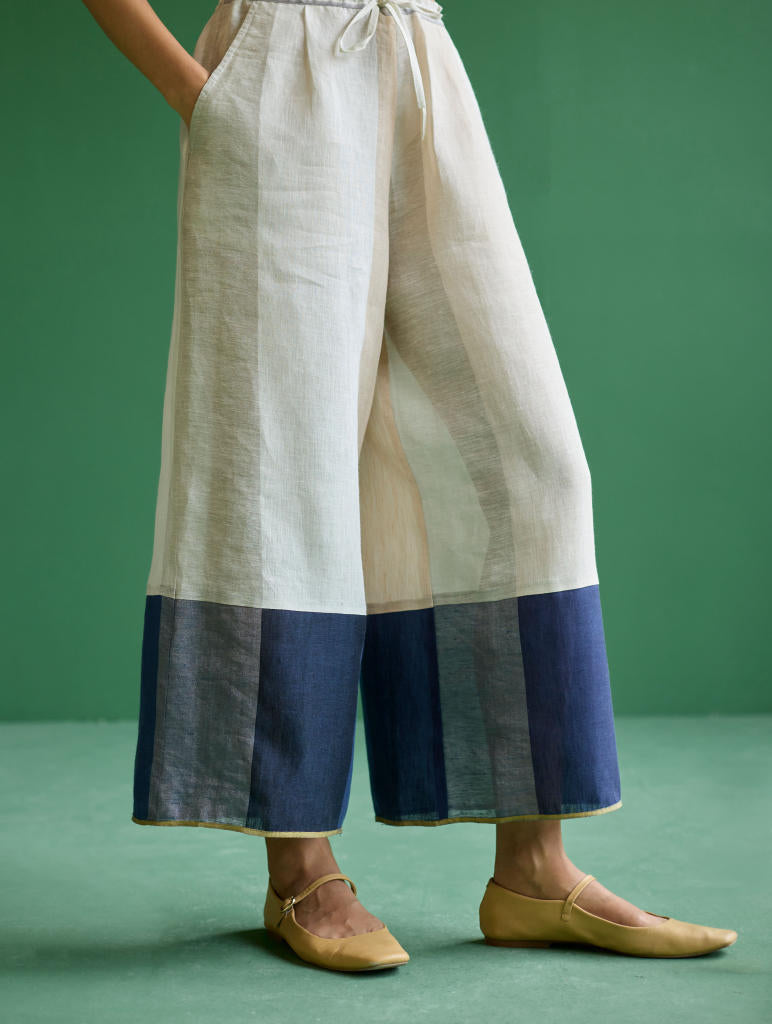 Kio Color-Blocked Linen Pant- Ivory